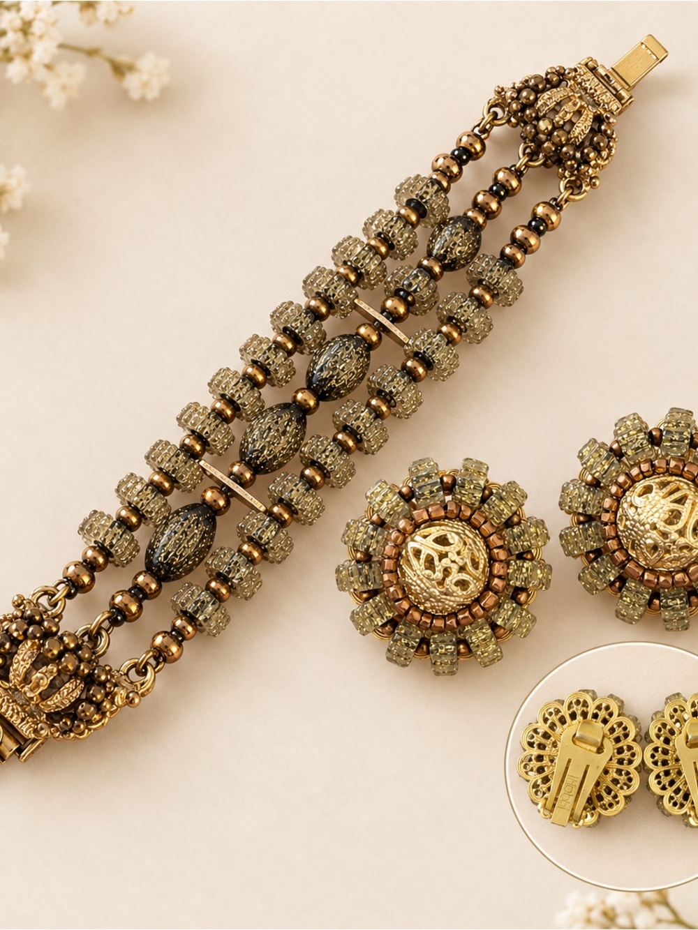 Vintage Signed Hobé Glass Bead Bracelet & Clip Earrings Demi-Parure
